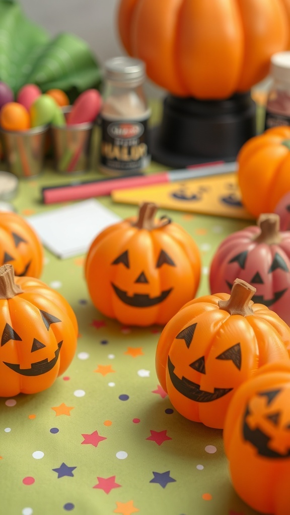 Colorful pumpkin stress balls on a festive table with craft supplies.