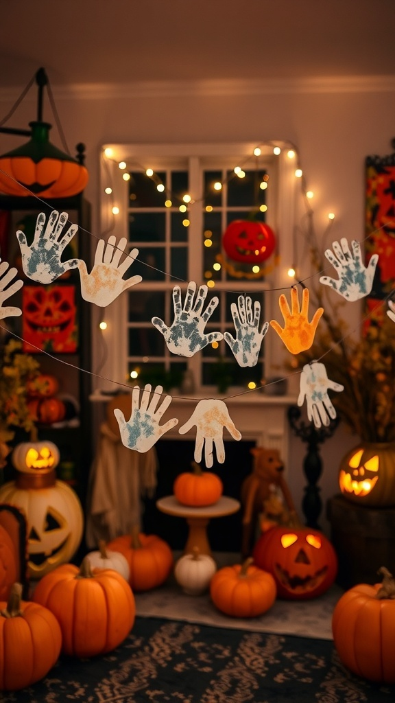 A garland made of handprint ghosts hanging in a decorated room with pumpkins and lights.