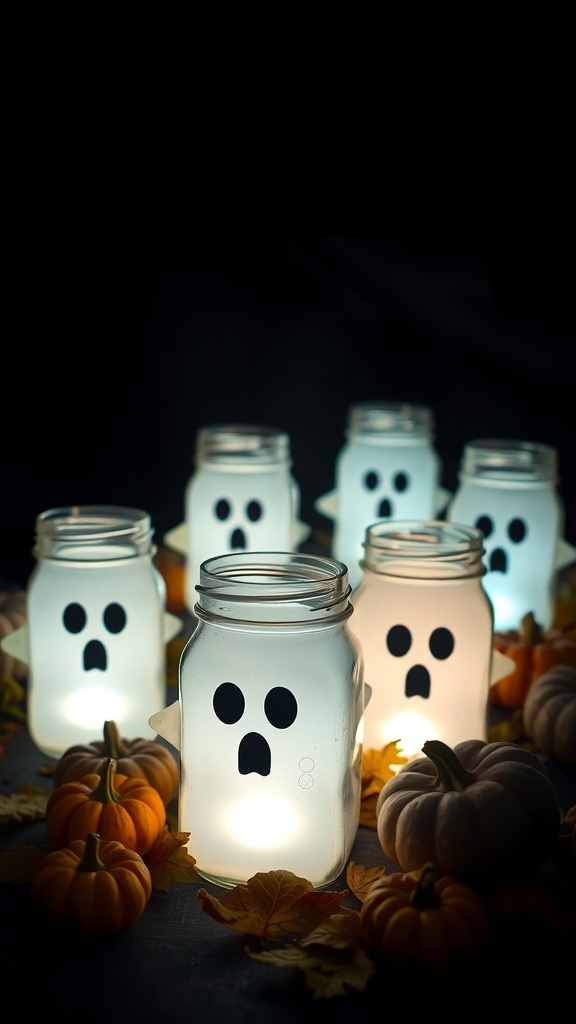 Glow-in-the-dark ghost jars surrounded by pumpkins and leaves.