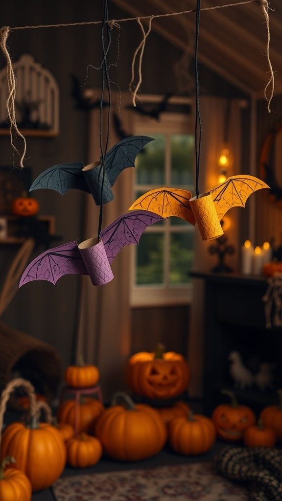 Colorful toilet paper roll bats hanging in a cozy Halloween setting.