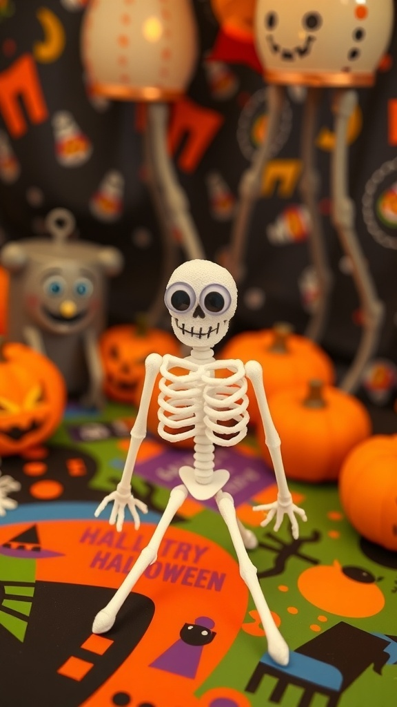 A Q-Tip skeleton art project with pumpkins and Halloween decorations.