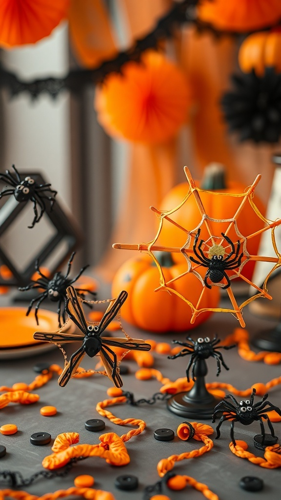 Colorful popsicle stick spider webs with plastic spiders on a festive table.