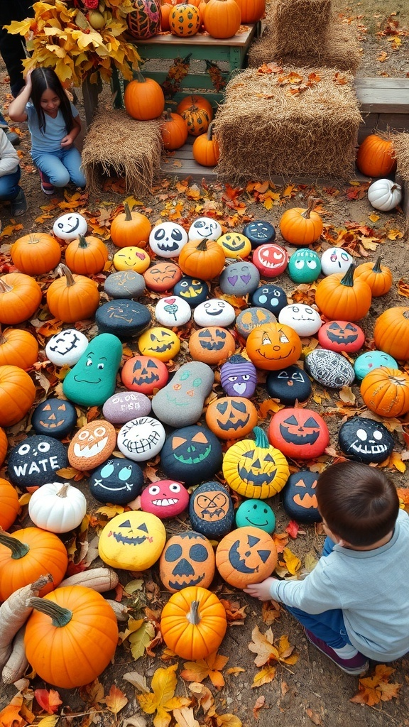 Colorful painted rocks resembling pumpkins and Halloween faces, surrounded by real pumpkins and autumn leaves.