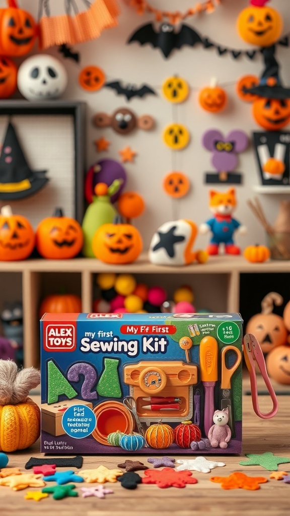 Alex Toys My First Sewing Kit with Halloween decorations in the background.