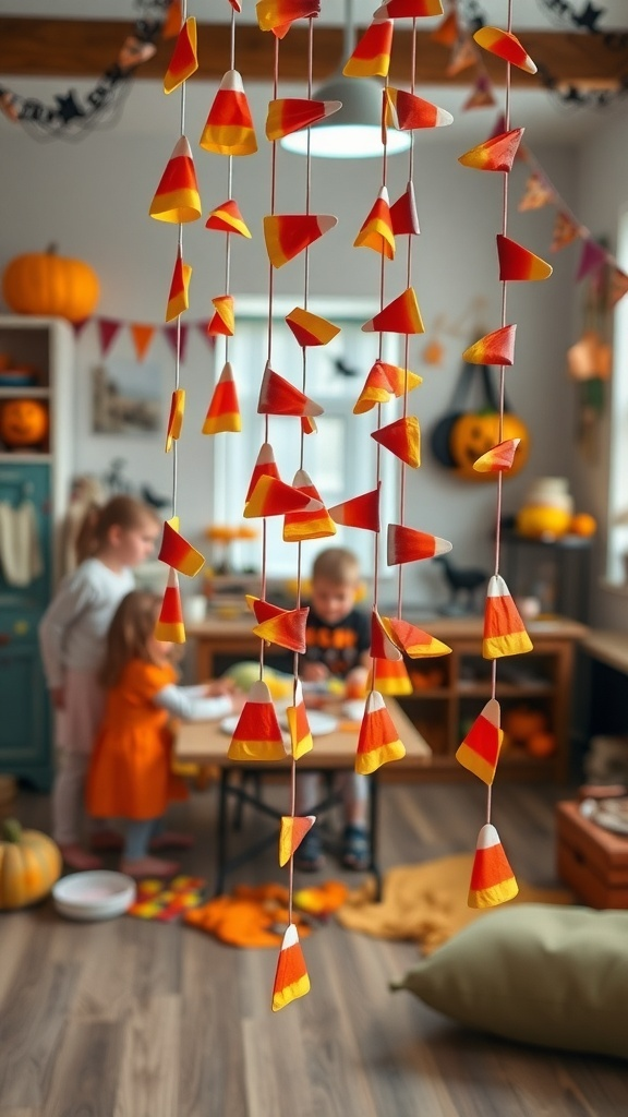 Colorful candy corn paper chains hanging in a festive room with children crafting.