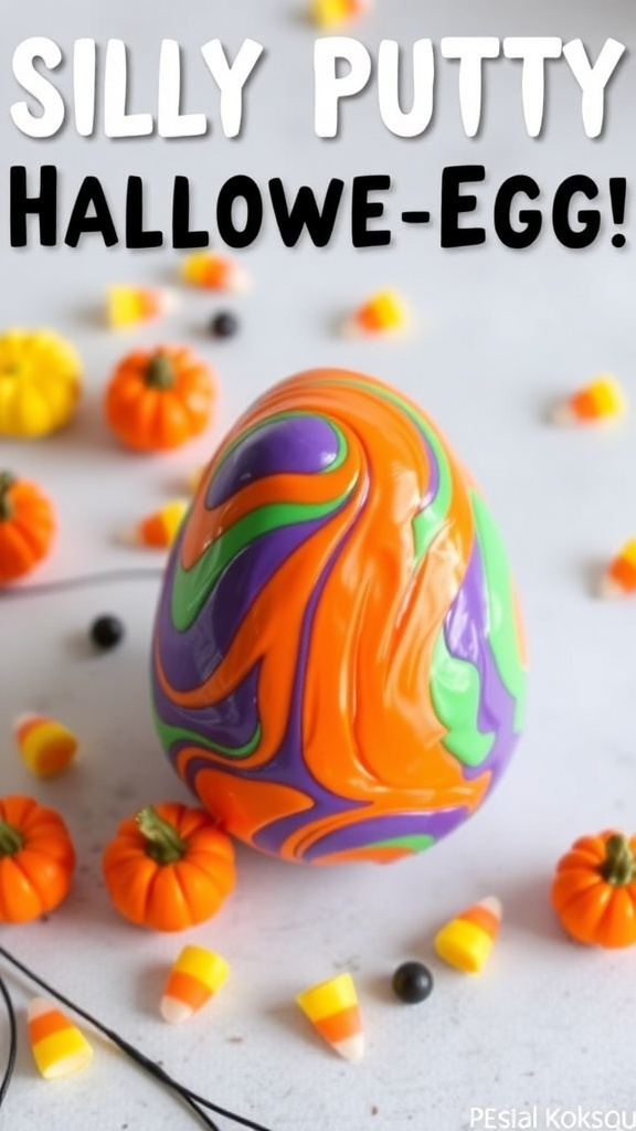 A colorful Silly Putty Halloween egg surrounded by mini pumpkins and candy corn.