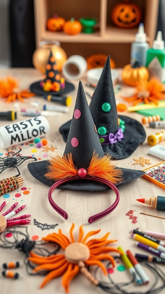 A table filled with Halloween craft supplies, featuring witch hats on headbands and colorful decorations.